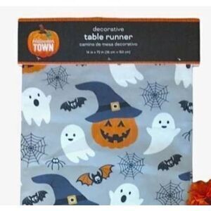 Halloween Town Grey Spooky Prints Soft Fabric 14"x72" Table Runner NWT